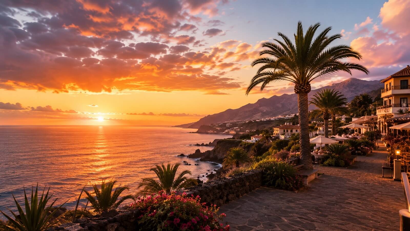 Zonsondergang boven de oceaan op Tenerife aan het einde van de reis
